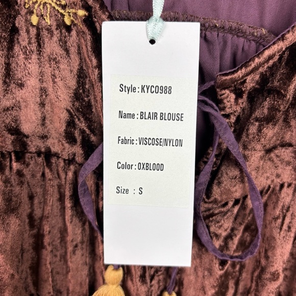 NWT Kyla Seo Anthropologie Handmade Embroidered Crushed Velvet Brown Blouse Sz S - Picture 8 of 14